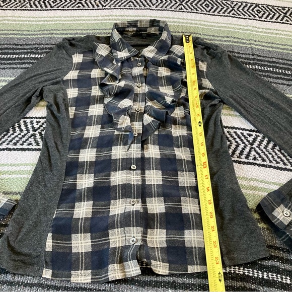 Weekend by max mara ruffly plaid prairie button down long sleeve blouse blue - Picture 4 of 11